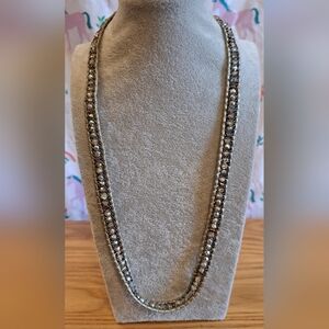 EUC Nakamol Crystal Bead & Metallic Silver Leather Casual Necklace Jewelry